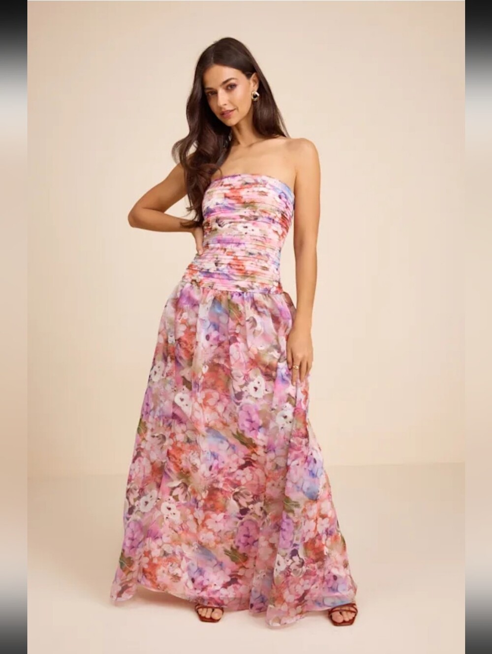 NWT Lulus Kasandra Pink Multi Floral Organza Drop Waist Maxi Dress Size Medium